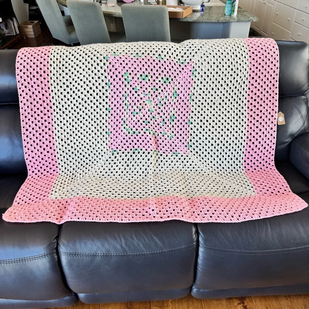 Pink and Cream Crochet Blanket  56”x50”